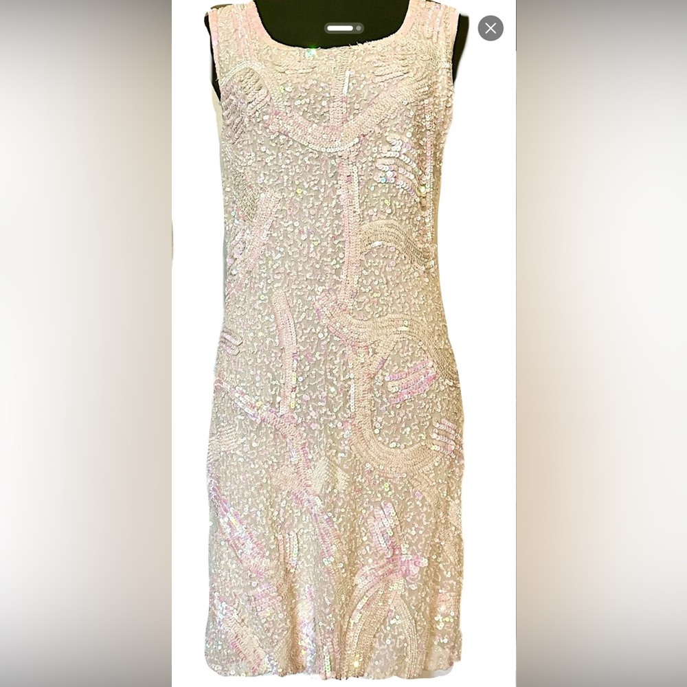 RISE  Size 14 White/Pink Iridescent mid-thigh low V back. Side Zip NWT